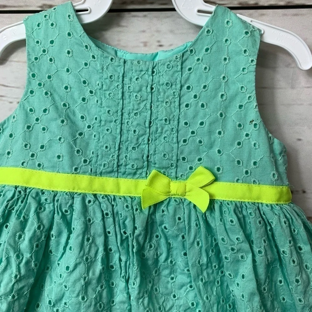 EUC Carter’s Aqua Blue W Neon Yellow Ribbon Dress